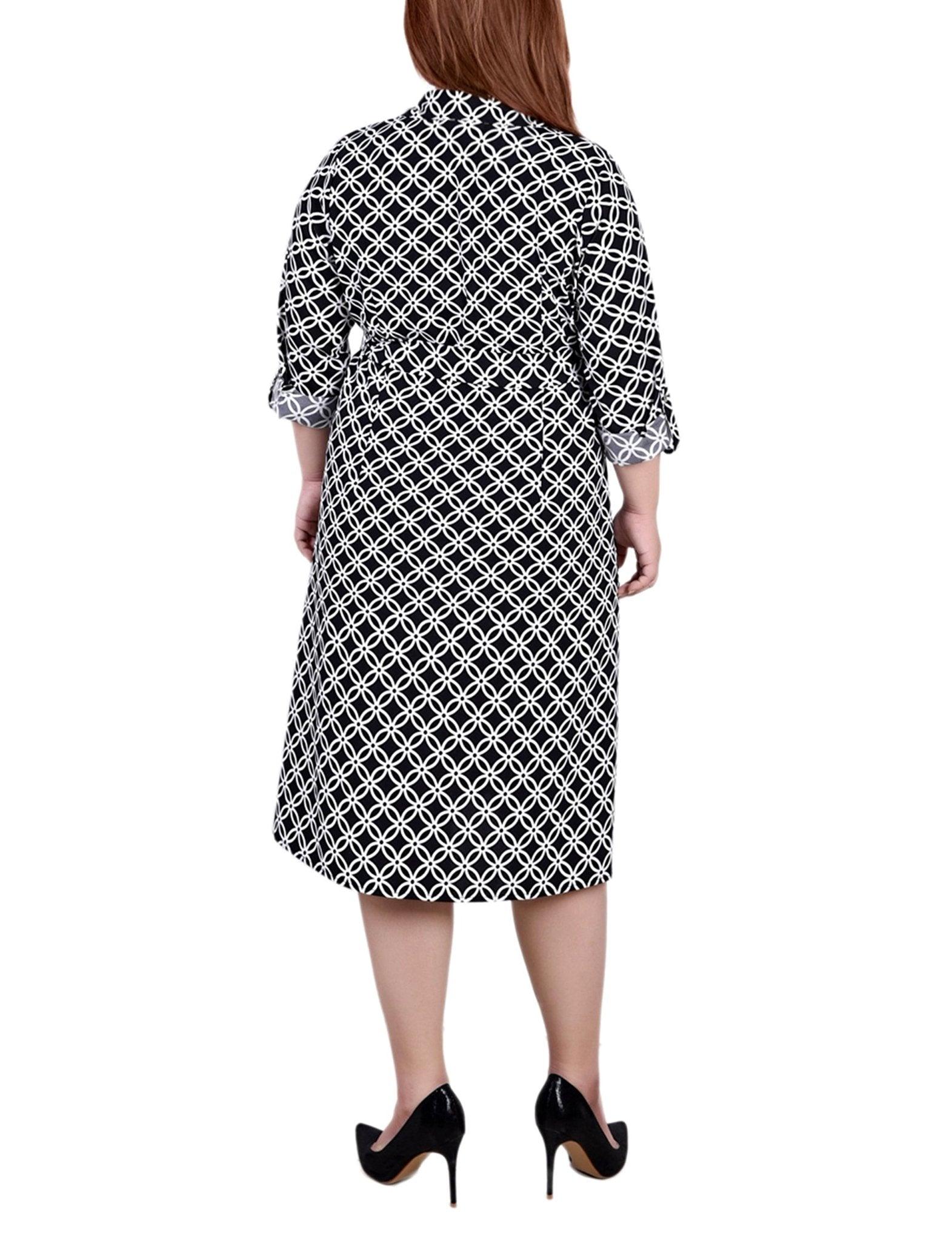 Black White Iconic 3/4 Roll Tab Sleeve Belted Shirtdress - Plus Product Image
