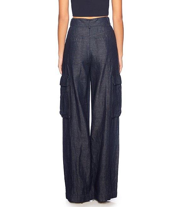 Susana Monaco Denim Linen High Rise Wide Leg Cargo Pants Product Image