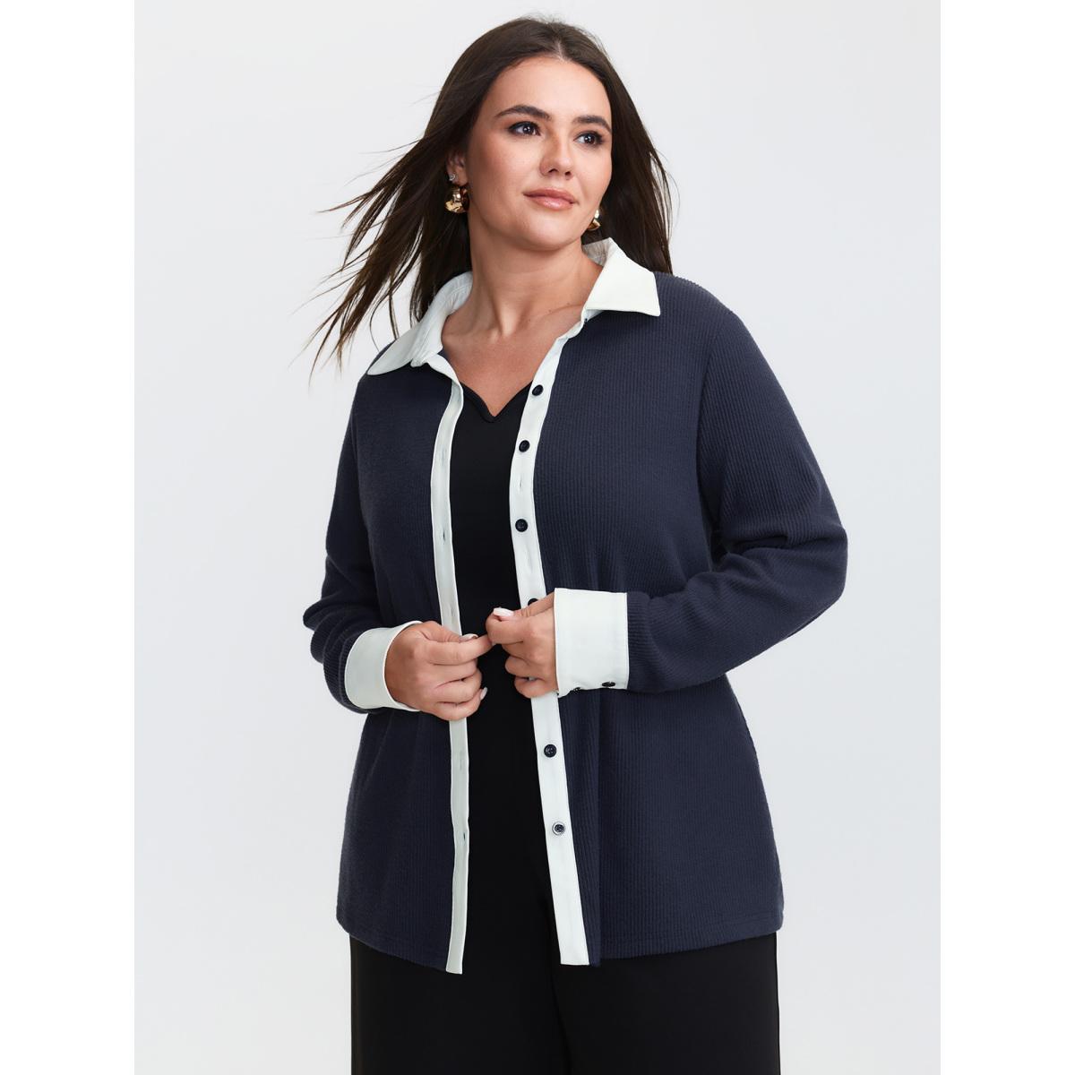 Plus Size Color Contrast Placket Button T-Shirt Indigo Women Office Shirt collar Office T-shirts BloomChic 22-24/3X Product Image