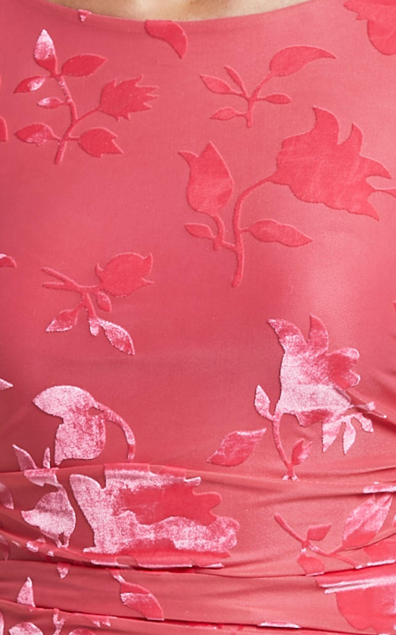 Cardi Mini Dress - Rosette Detail Devore Ruffle Hem Mini Dress in Pink Burnout Product Image