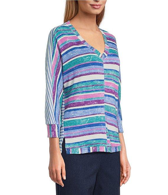 Intro Stripe V-Neck 3/4 Sleeve Washed Knit Sweater Product Image