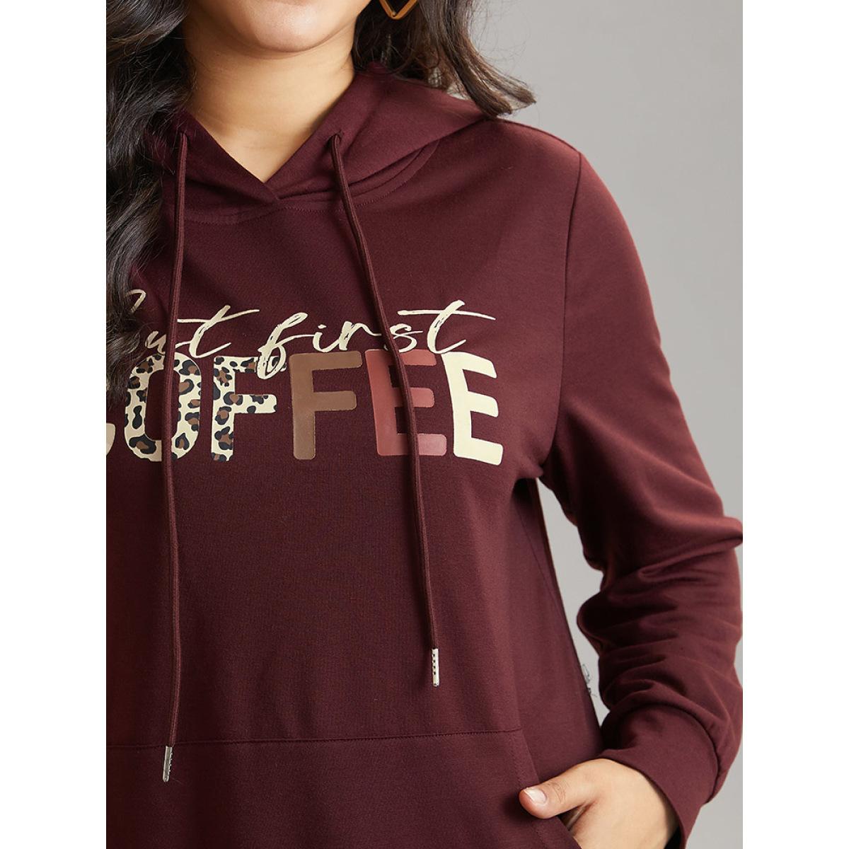 Plus Size Leopard Letter Kangaroo Pocket Hooded Sweatshirt Women Scarlet Casual Printed Dailywear Sweatshirts BloomChic 10/M Product Image