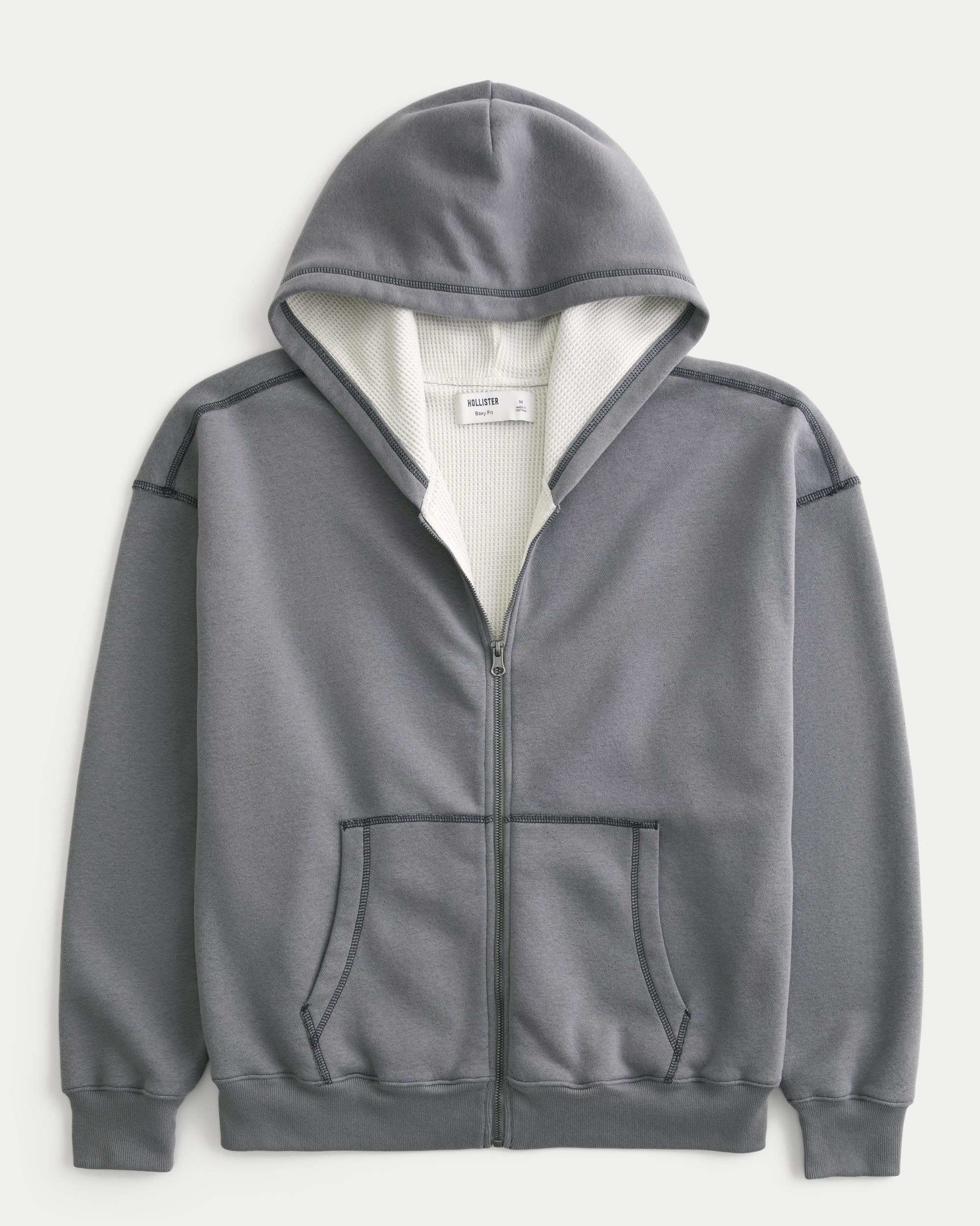 Boxy Waffle-Lined Zip-Up Hoodie Product Image