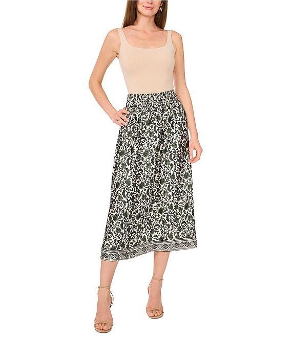 Vince Camuto Pull On Smocked Waist Printed Midi Skirt Product Image