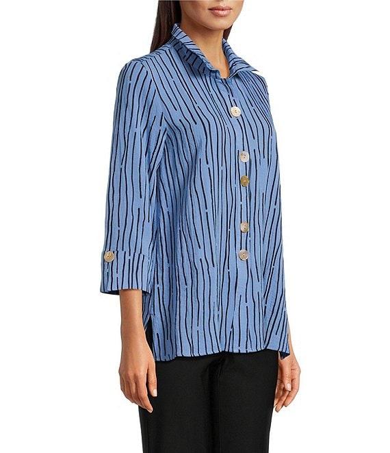 Ali Miles Crinkle Woven Abstract Stripe Wire Collar 3/4 Sleeve Button Front Tunic Product Image