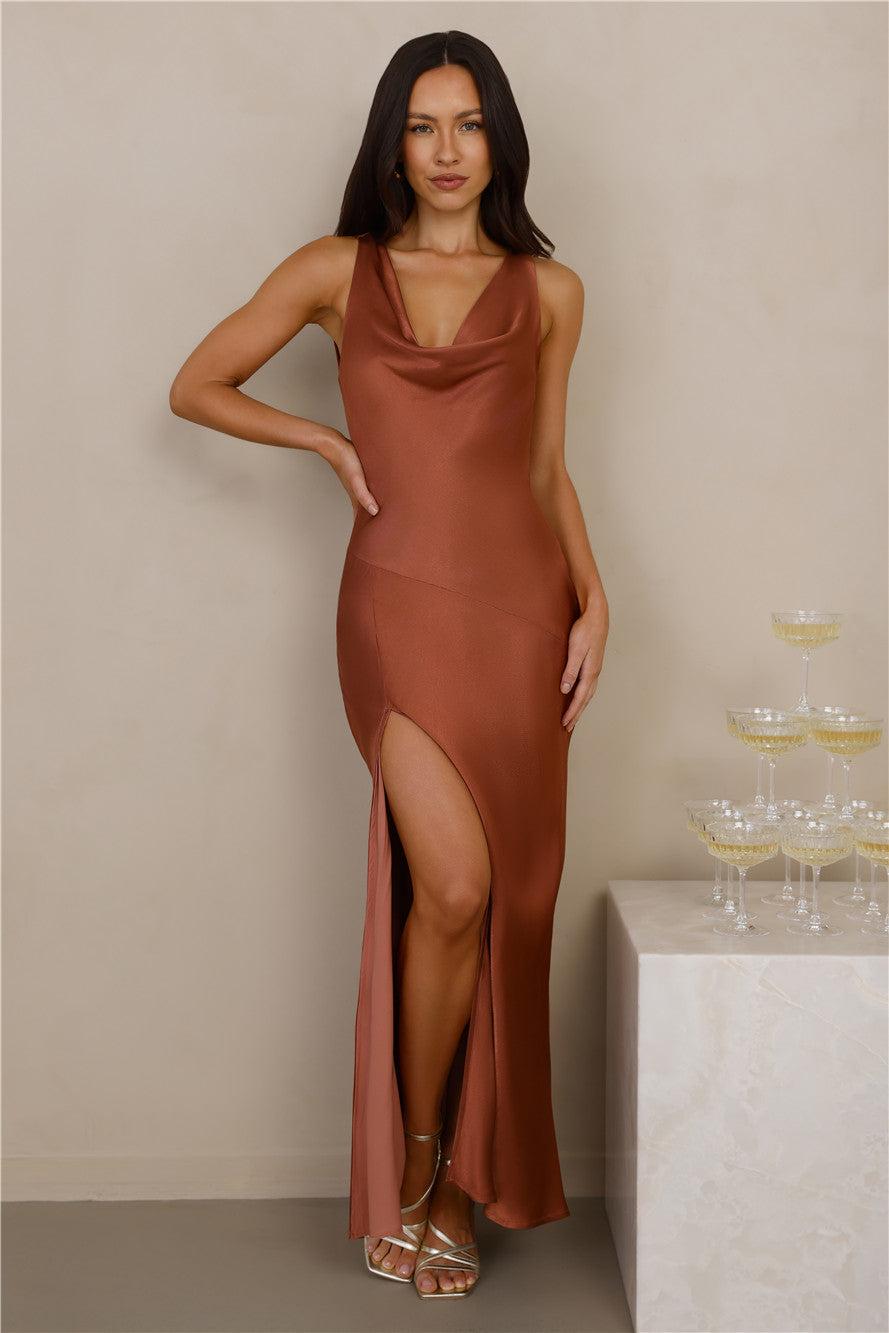 The Loretta Cowl Satin Maxi Dress Copper Product Image