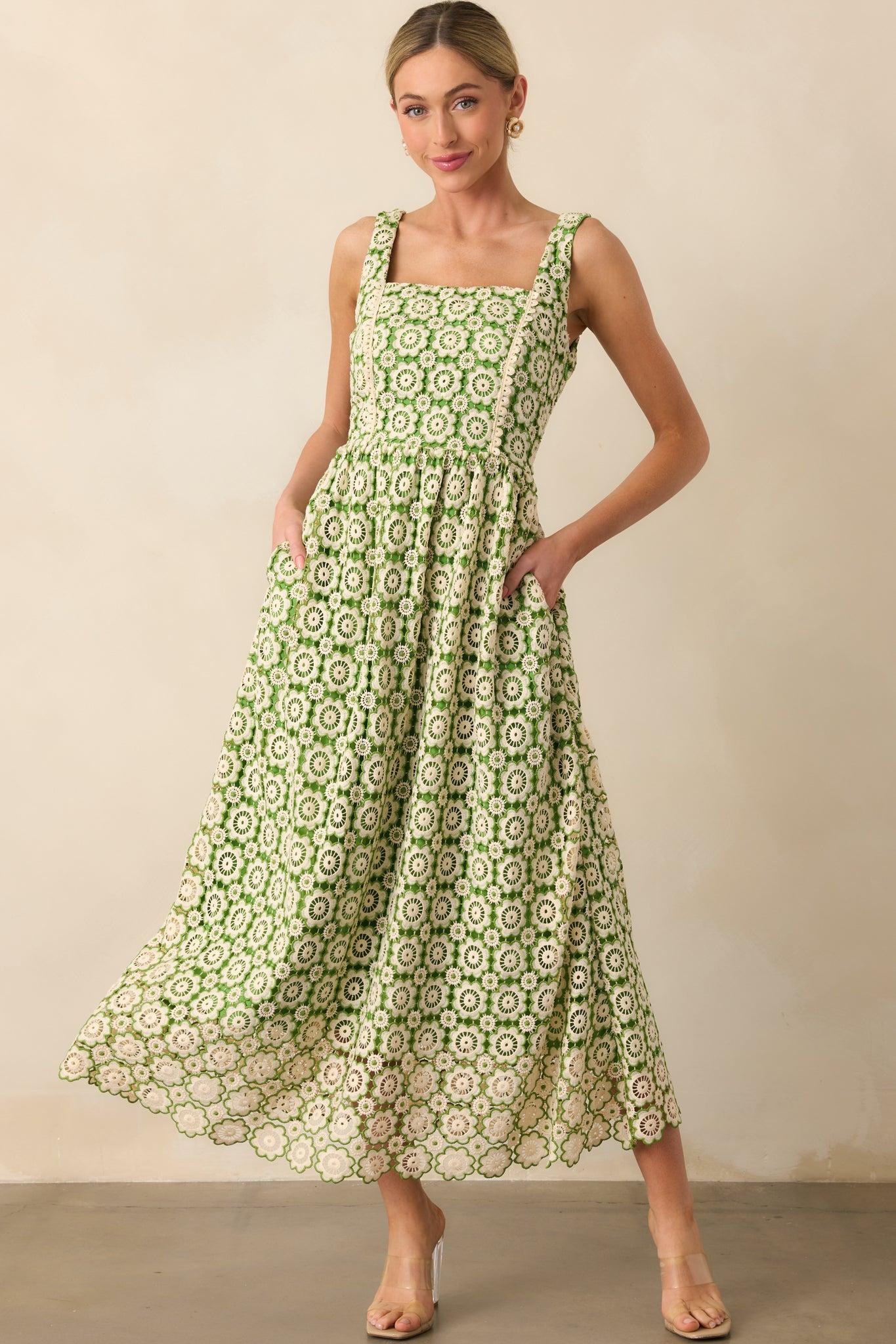 In The Meadow Green Floral Embroidered Midi Dress Product Image