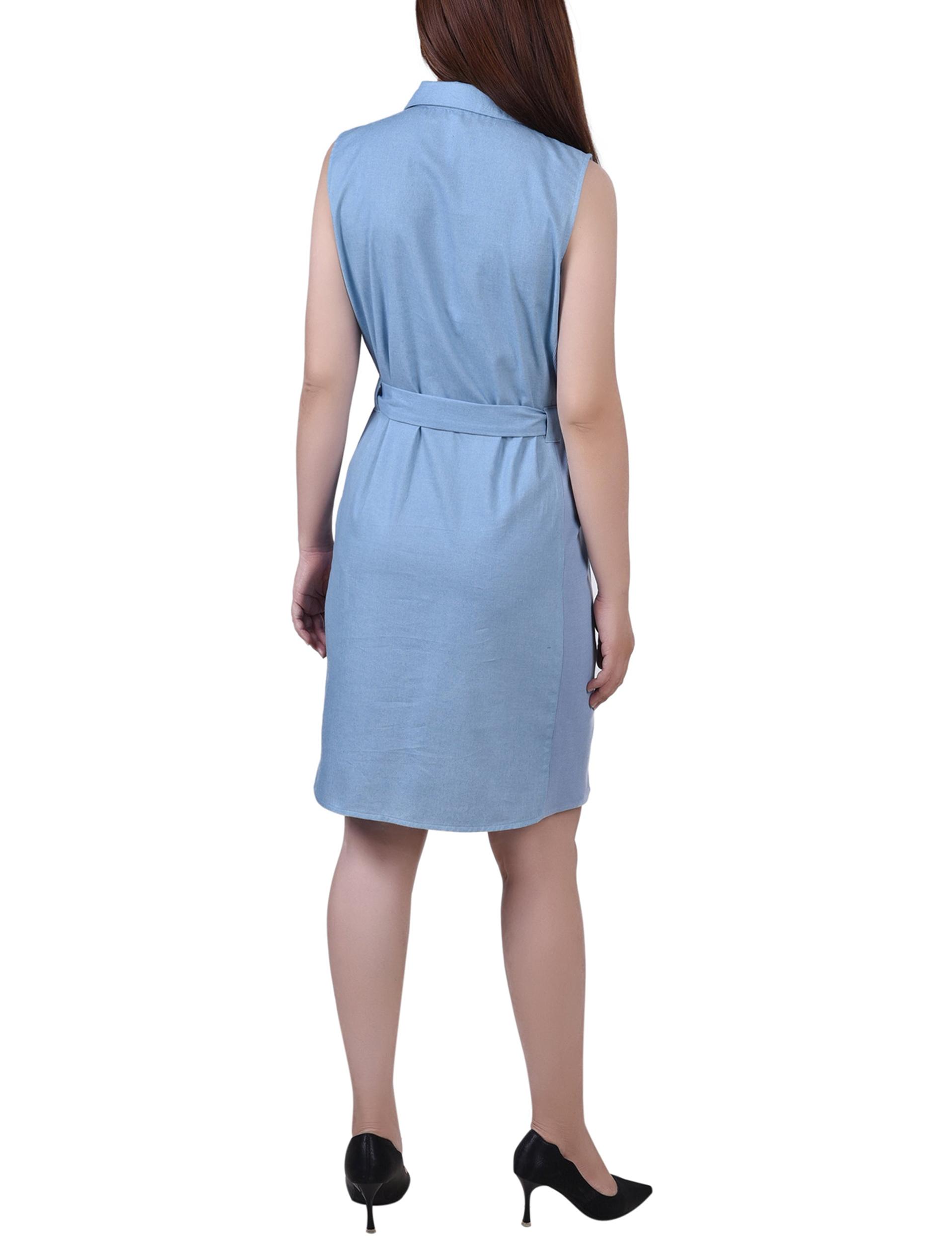 Light Denim Sleeveless Belted Chambray Dress Product Image