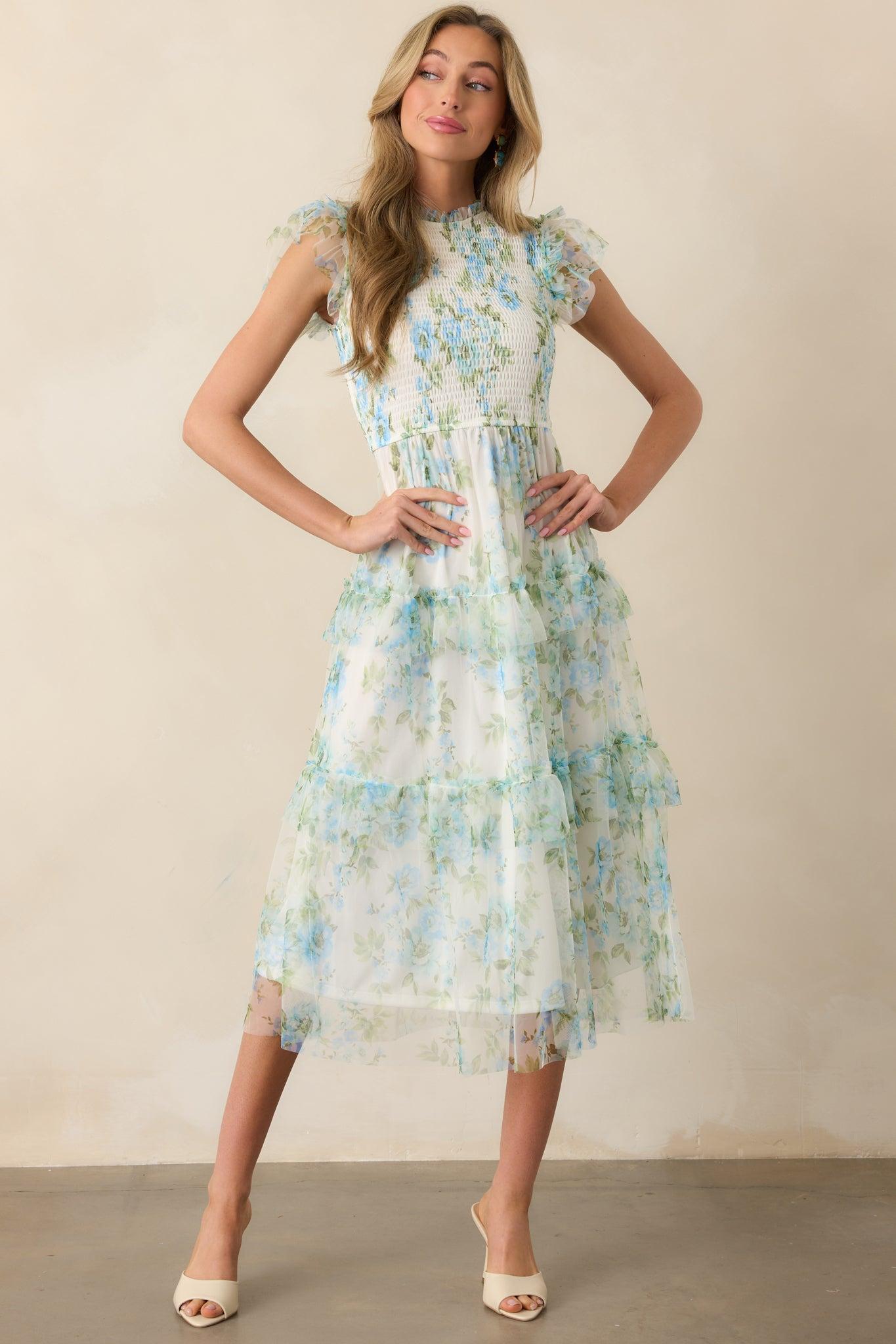 Sunrise Soiree Blue Floral Flutter Sleeve Midi Dress Product Image
