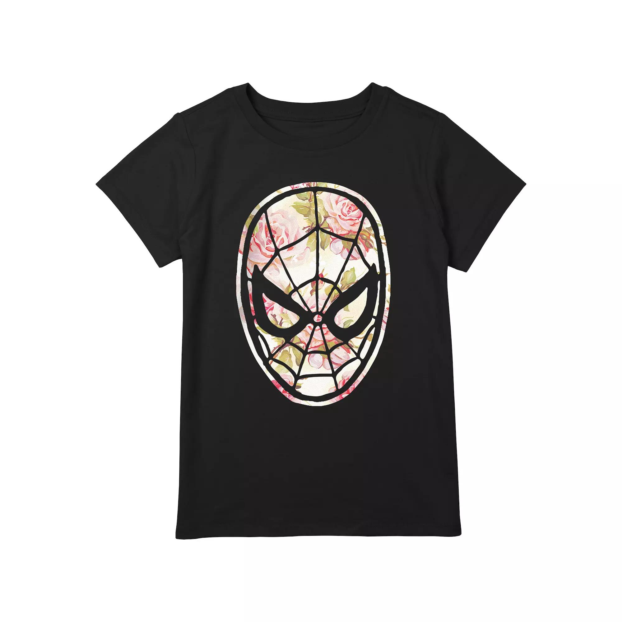 Girls Plus Size Spider-Man Floral Print Mask Graphic Tee, Girl's, Size: Medium PLUS, Black Product Image