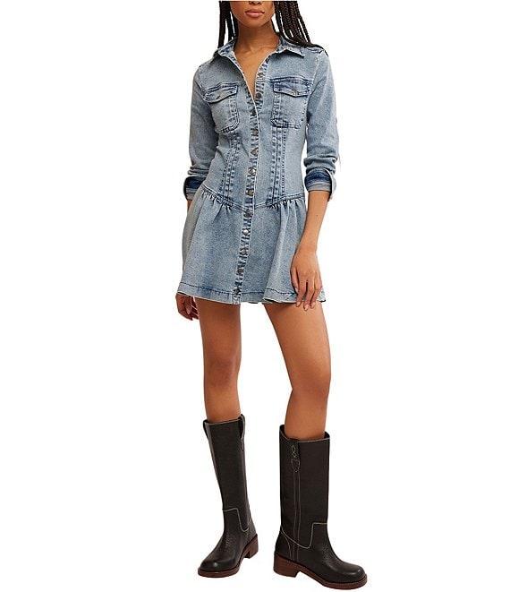 Free People Roadhouse Denim Point Collar 3/4 Sleeve Button Down Mini Dress Product Image