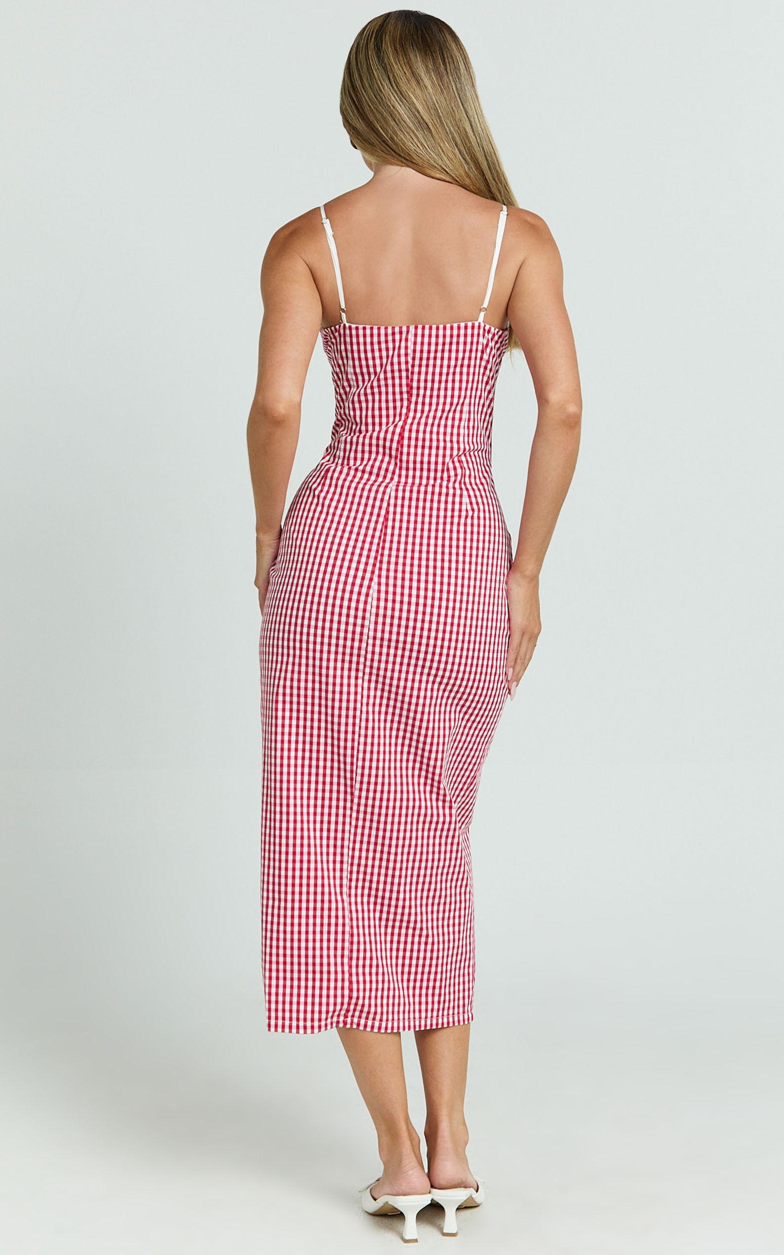 Anessa Midi Dress - Button Front Bustier Fitted Dress in Red Gingham Product Image