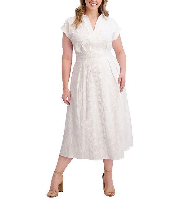 Kensie Plus Size Striped Woven Collared V-Neckline Short Sleeve A-Line Midi Dress Product Image