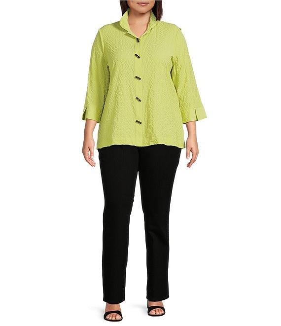 Ali Miles Plus Size Woven Textured Wire Collar 3/4 Sleeve Button Front Tunic Product Image