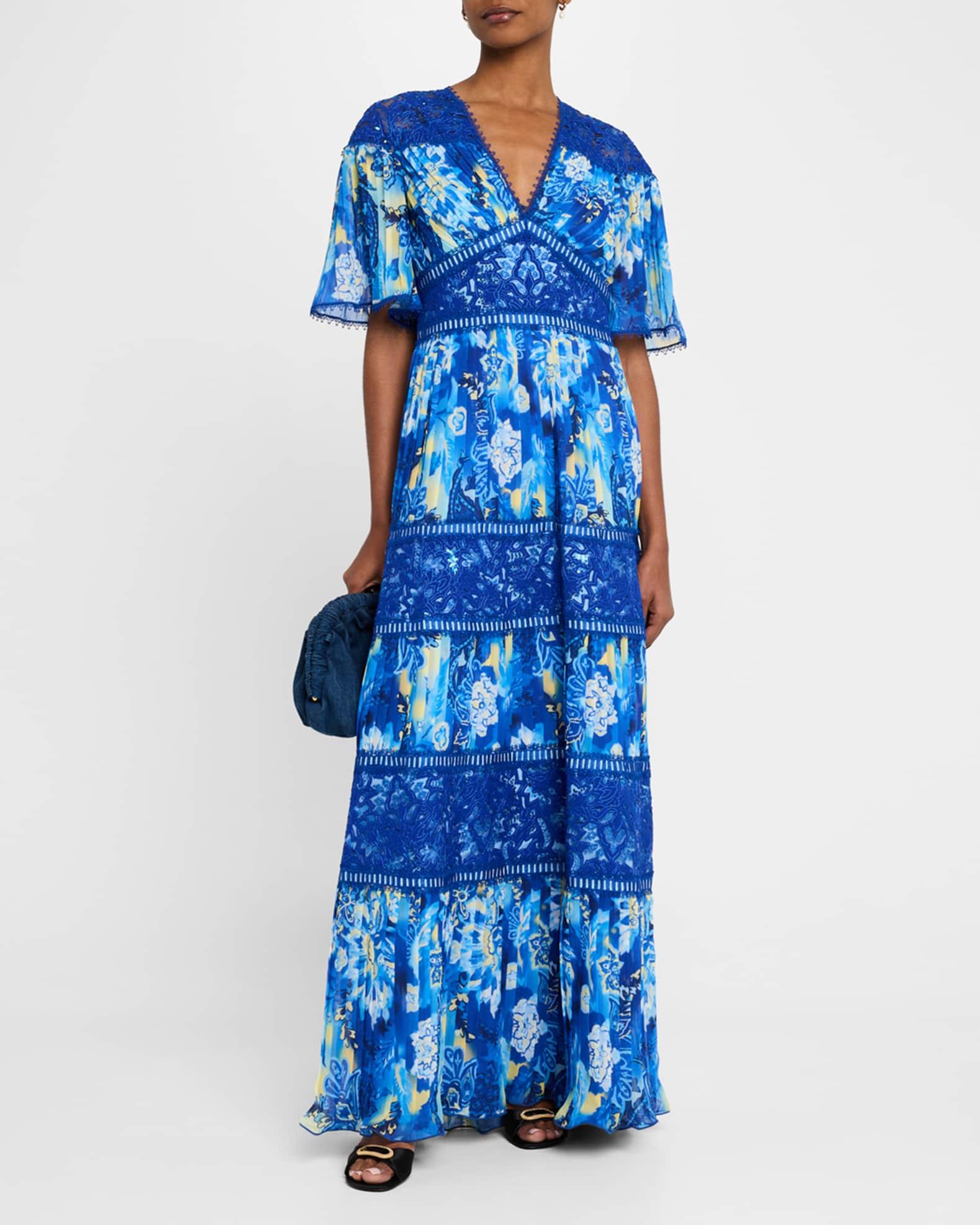 Tiered Lace-Trim Pleated Chiffon Gown Product Image