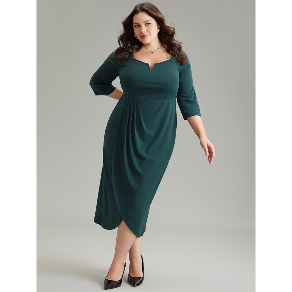 Plus Size Solid Notched Pleated Wrap Hem Dress Cyan Women Elegant Wrap Notched collar Elbow-length sleeve Curvy Midi Dress BloomChic 14-16/1X Product Image