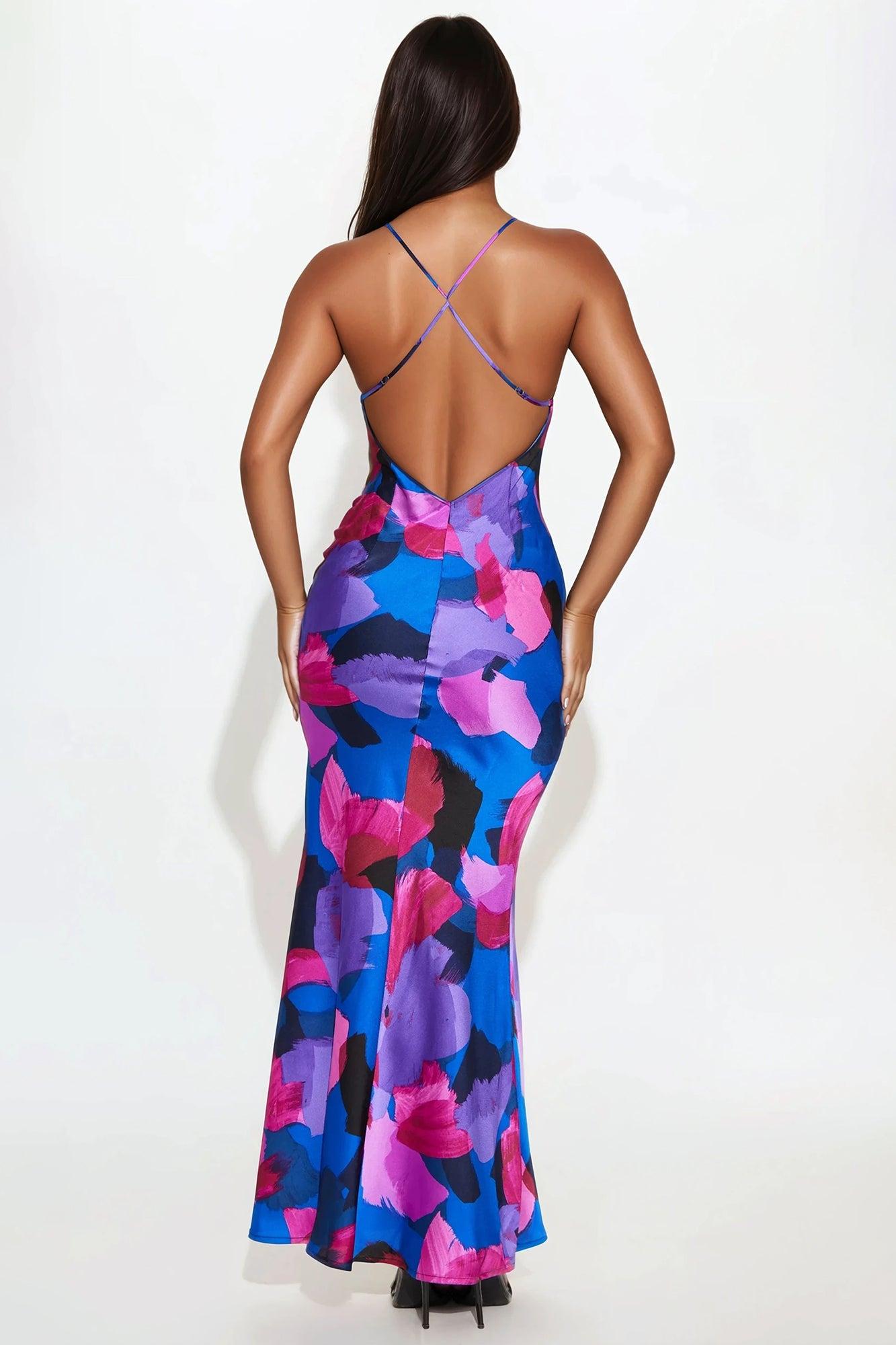 Elma Satin Backless Maxi Dress - Multi Color Product Image