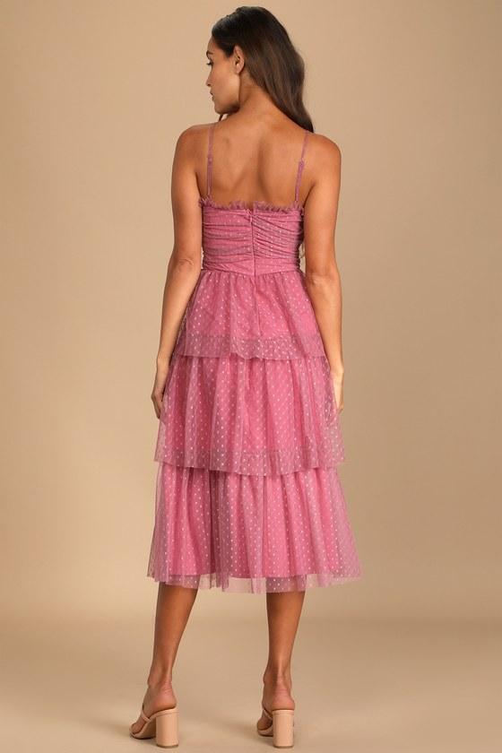 Sweetheart Style Mauve Polka Dot Bustier Tiered Midi Dress Product Image