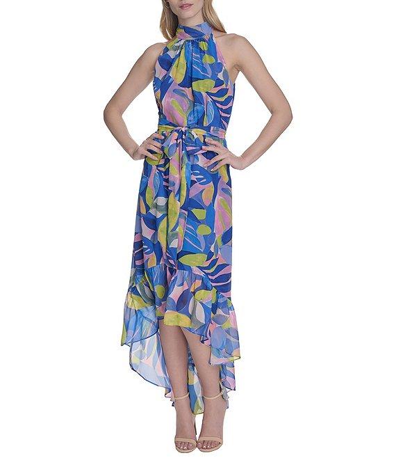 Eliza J Chiffon Floral Print Halter Neck Sleeveless Waist Tie Blouson Midi Dress Product Image