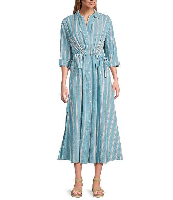 Westbound Button Front Point Collar Long Sleeve Seersucker Cinch Front A-Line Maxi Dress Product Image