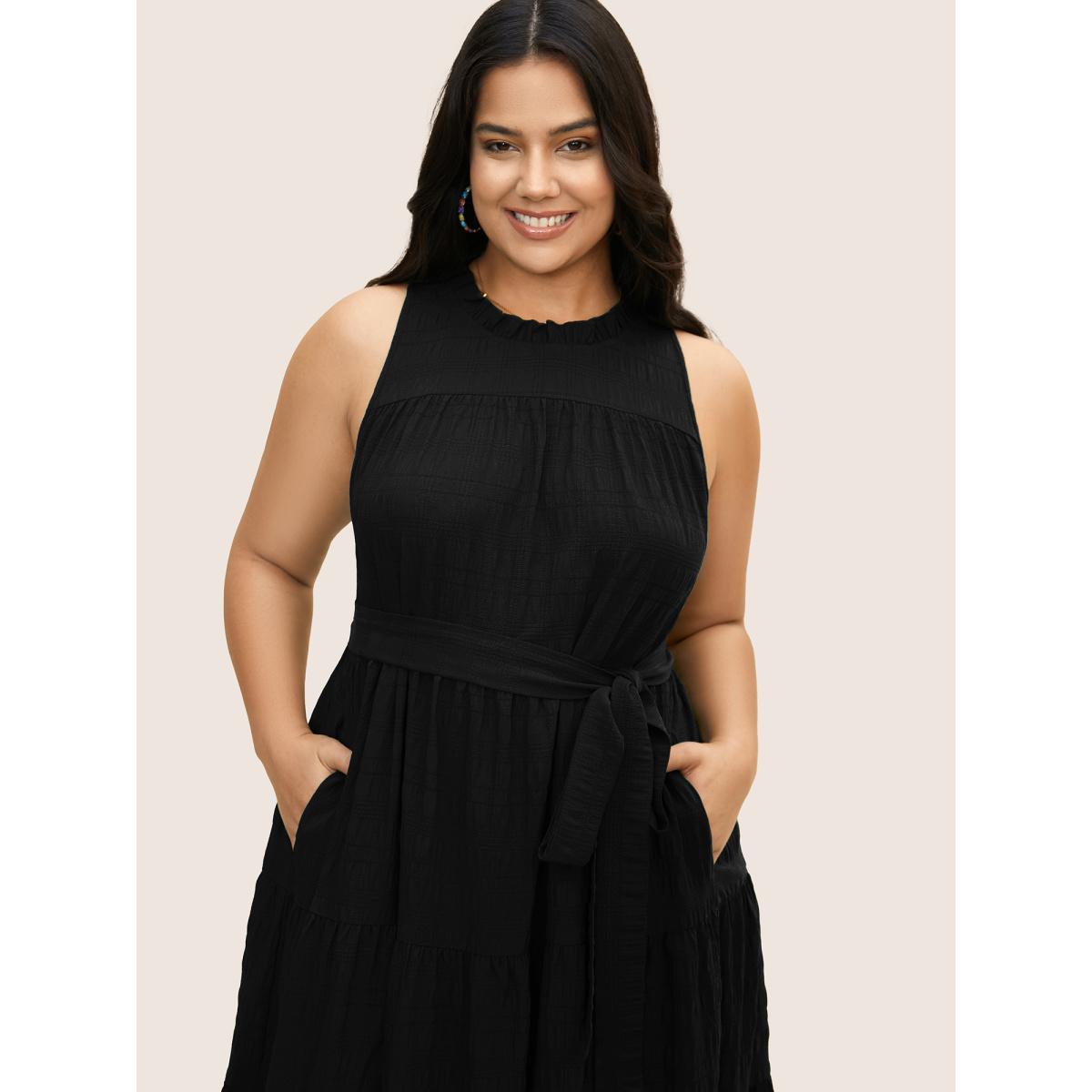 Plus Size Plain Textured A-line Frill Trim Dress Black Women Resort Texture Mock Neck Sleeveless Curvy BloomChic 28/5X Product Image