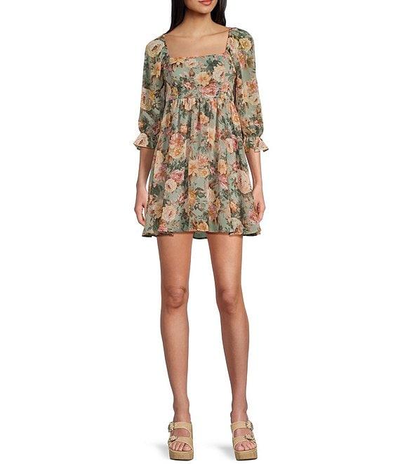 Allison & Kelly Floral Print 3/4 Sleeve Square Neck Babydoll Dress Product Image