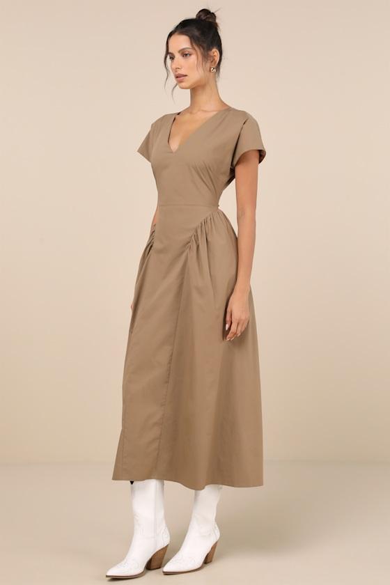 Modern Concept Khaki Short Sleeve V-Neck Midi Dress With Pockets Product Image