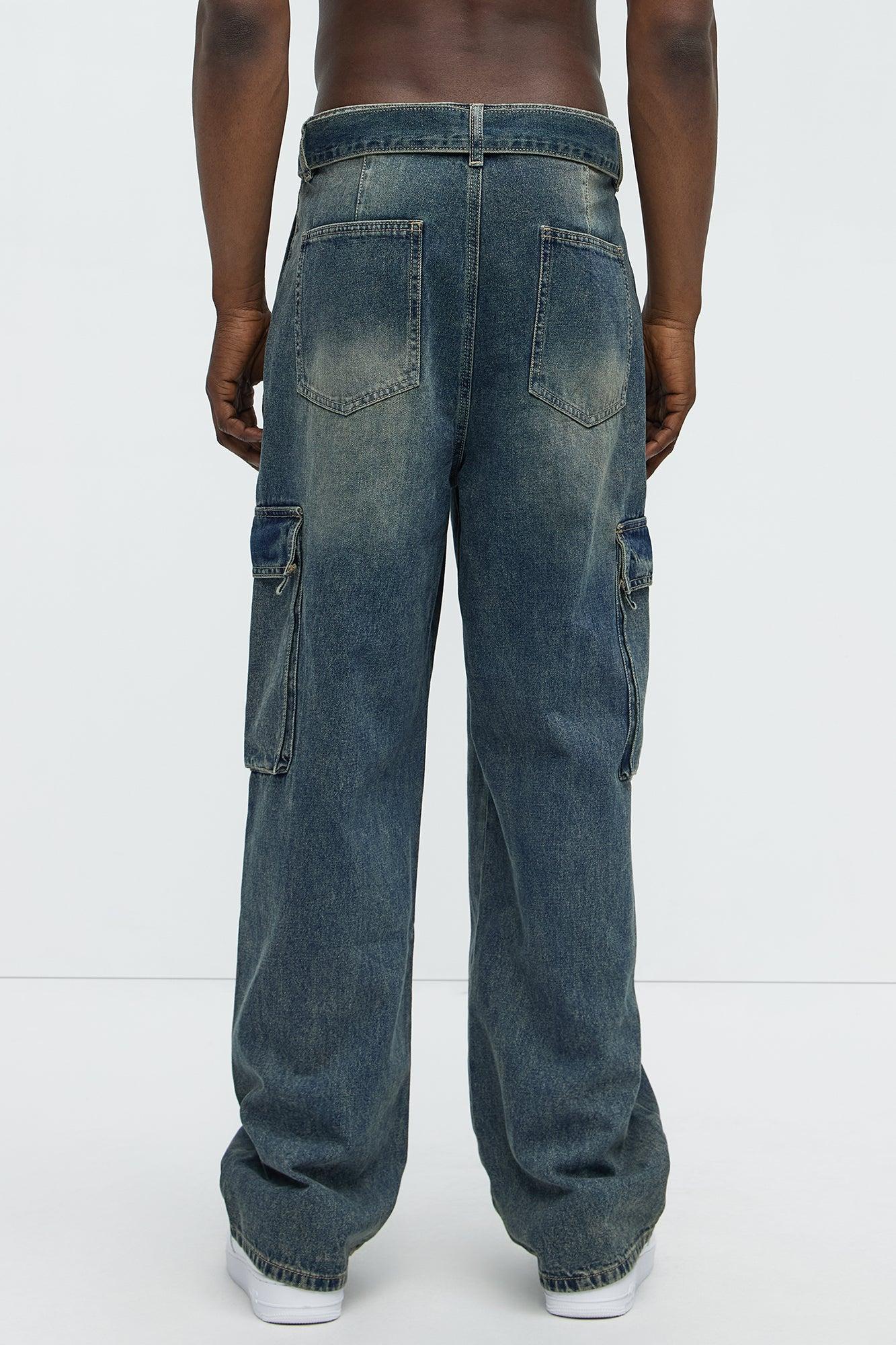 Tied Up Cargo Baggy Jeans - Medium Blue Wash Product Image