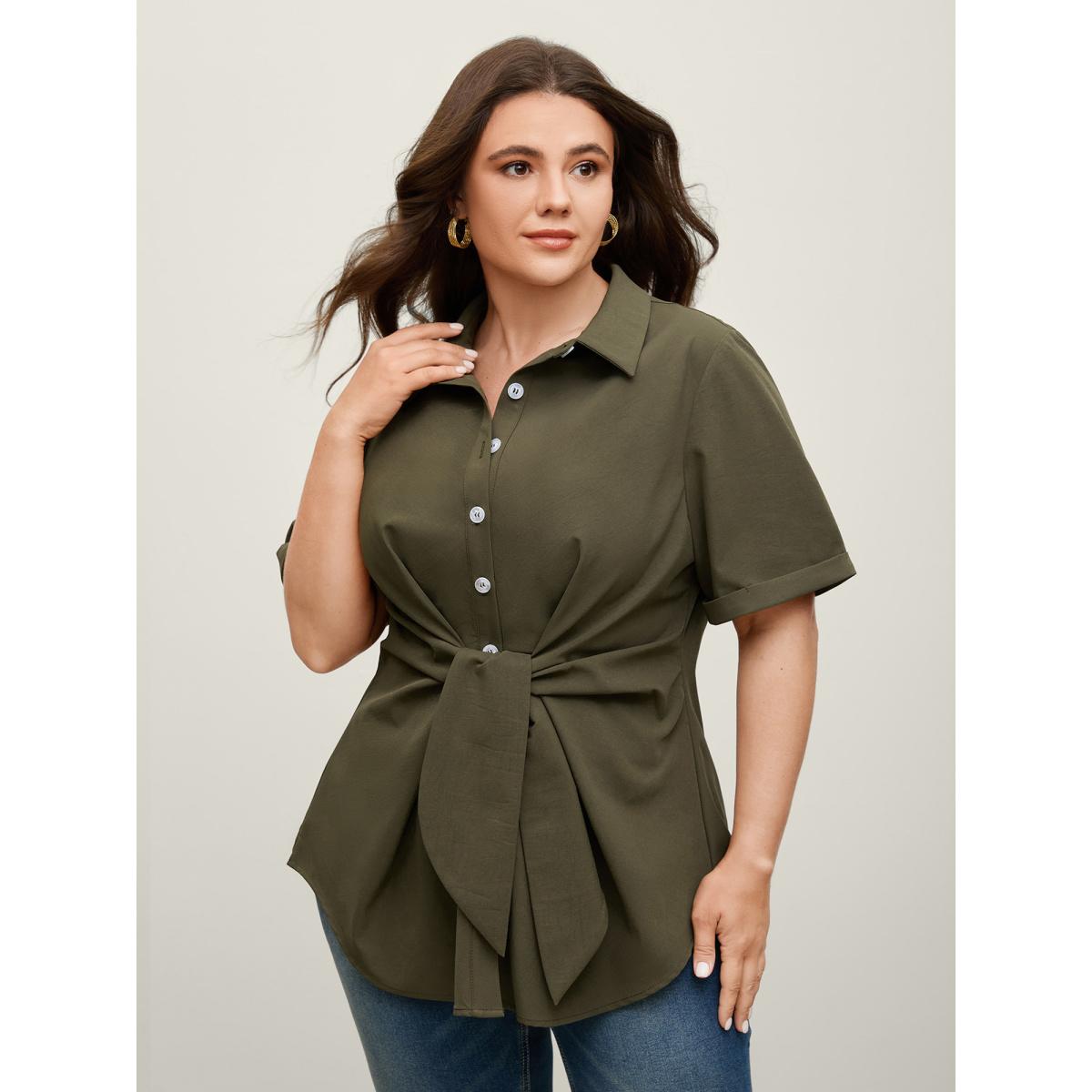 Plus Size ArmyGreen Knotted Front Asymmetrical Hem Blouse Women Office Short sleeve Shirt collar Office Blouses BloomChic 22-24/3X Product Image