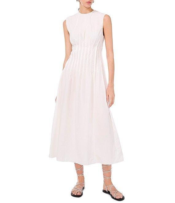 1. STATE Poplin Crew Neckline Sleeveless Pintuck Midi Fit And Flare Midi Dress Product Image