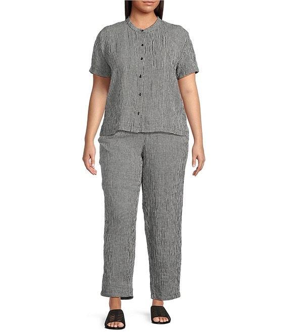 Eileen Fisher Plus Size Puckered Organic Linen Gingham Taper Ankle Coordinating Pants Product Image