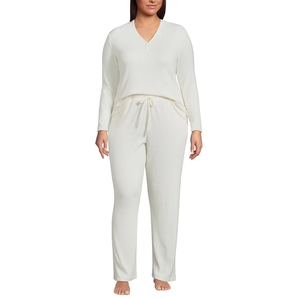 Plus Size Lands' End Long Sleeve V-Neck Pajama Top & Pajama Pants Set, Women's, Size: 2XL, Ivory Product Image