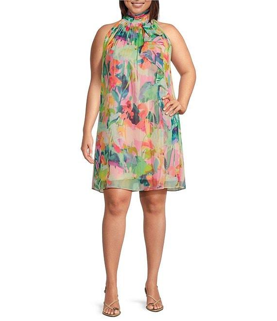 Adrianna Papell Plus Size Mock Neck Abstract Floral Chiffon Shift Dress Product Image