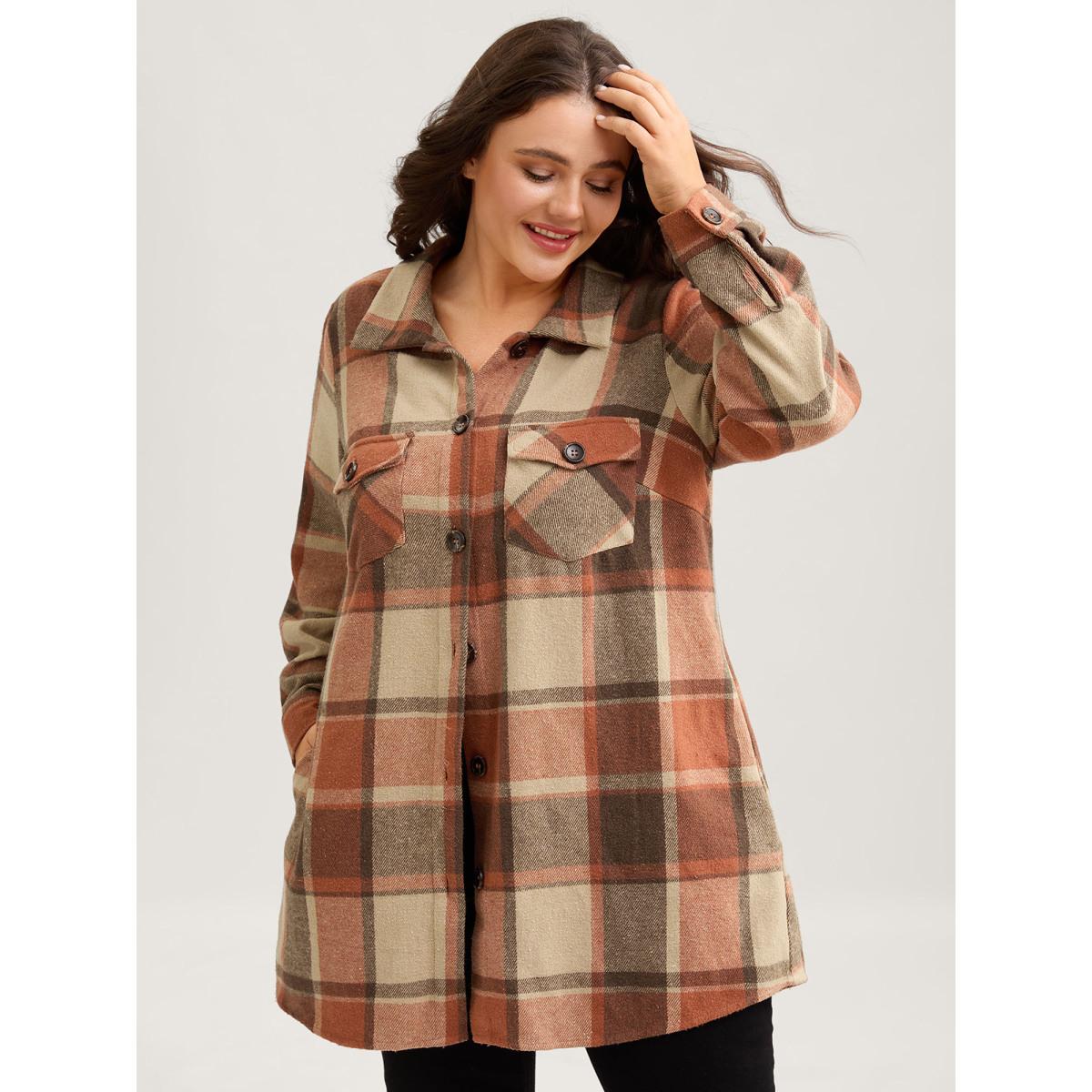 Plus Size Plaid Chest Pockets Long Jacket Women Rust Button Loose Side seam pocket Casual Jackets BloomChic 26/4X Product Image