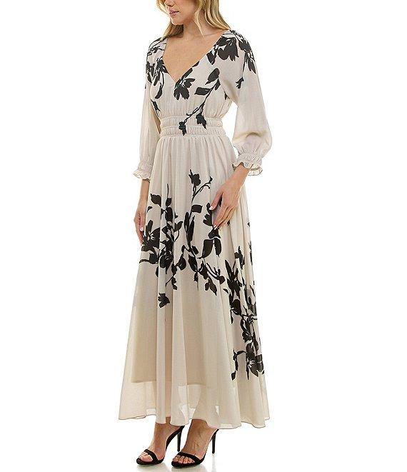 Taylor Floral Print Chiffon V-Neck Long Ruffle Cuff Sleeve Fit & Flare Maxi Dress Product Image