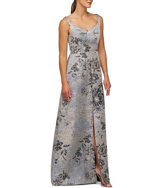 Kay Unger Scoop Neck Sleeveless Floral Jacquard Aline Gown Product Image