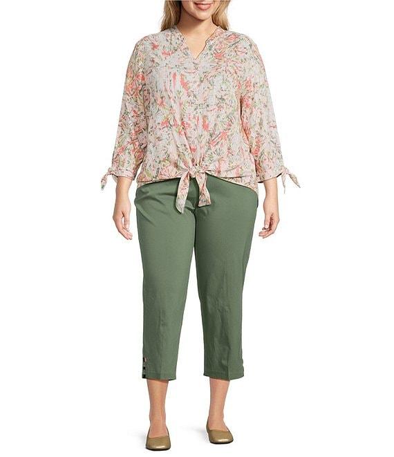 Allison Daley Plus Size Ikat Diamond Print 3/4 Tie Sleeve Y-Neck Button Front Tie-Hem Blouse Product Image