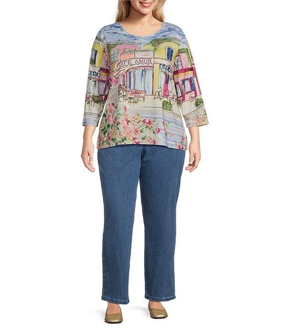 Allison Daley Plus Size Cafe Social Print 3/4 Sleeve Crew Neckline Knit Top Product Image