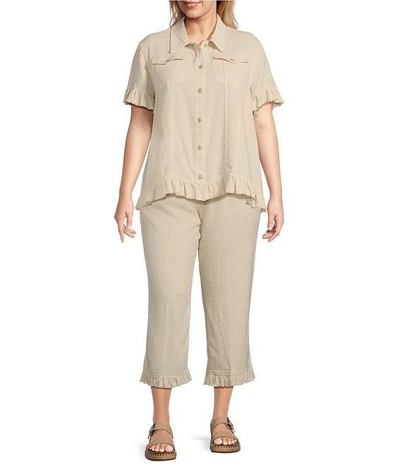 Multiples Plus Size Textured Slub Woven Point Collar Short Sleeve Ruffle Detail Fitted Button-Front Jean Jacket Product Image