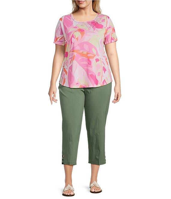 Allison Daley Plus Size Palm Tropical Layers Print Short Sleeve Crew Neck Knit Top Product Image