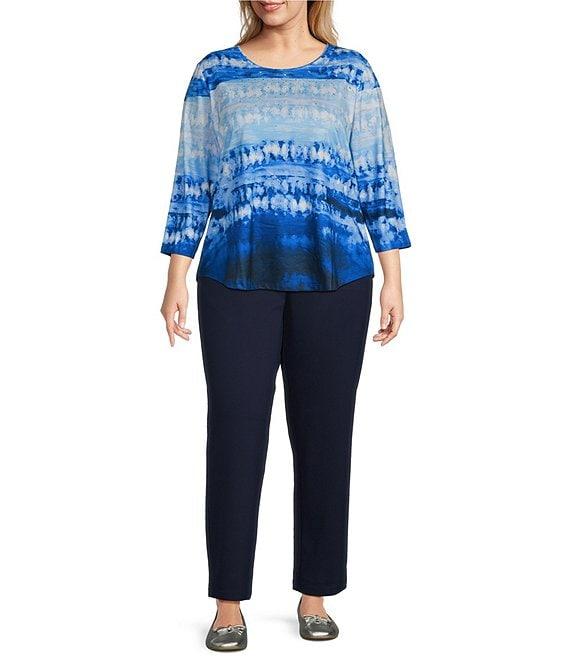 Allison Daley Plus Size Tie-Dye Print 3/4 Sleeve Crew Neck Knit Top Product Image