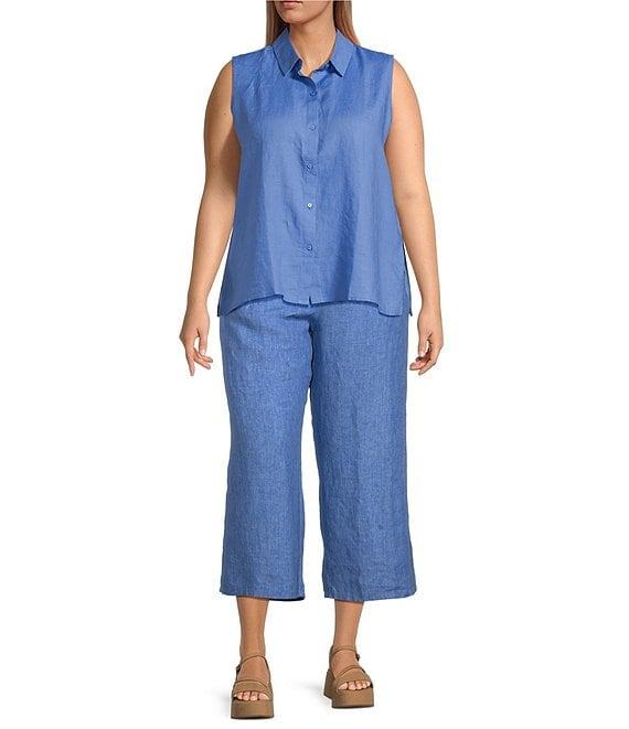 Eileen Fisher Plus Organic Handkerchief Linen Point Collar Sleeveless Button Front Shirt Product Image