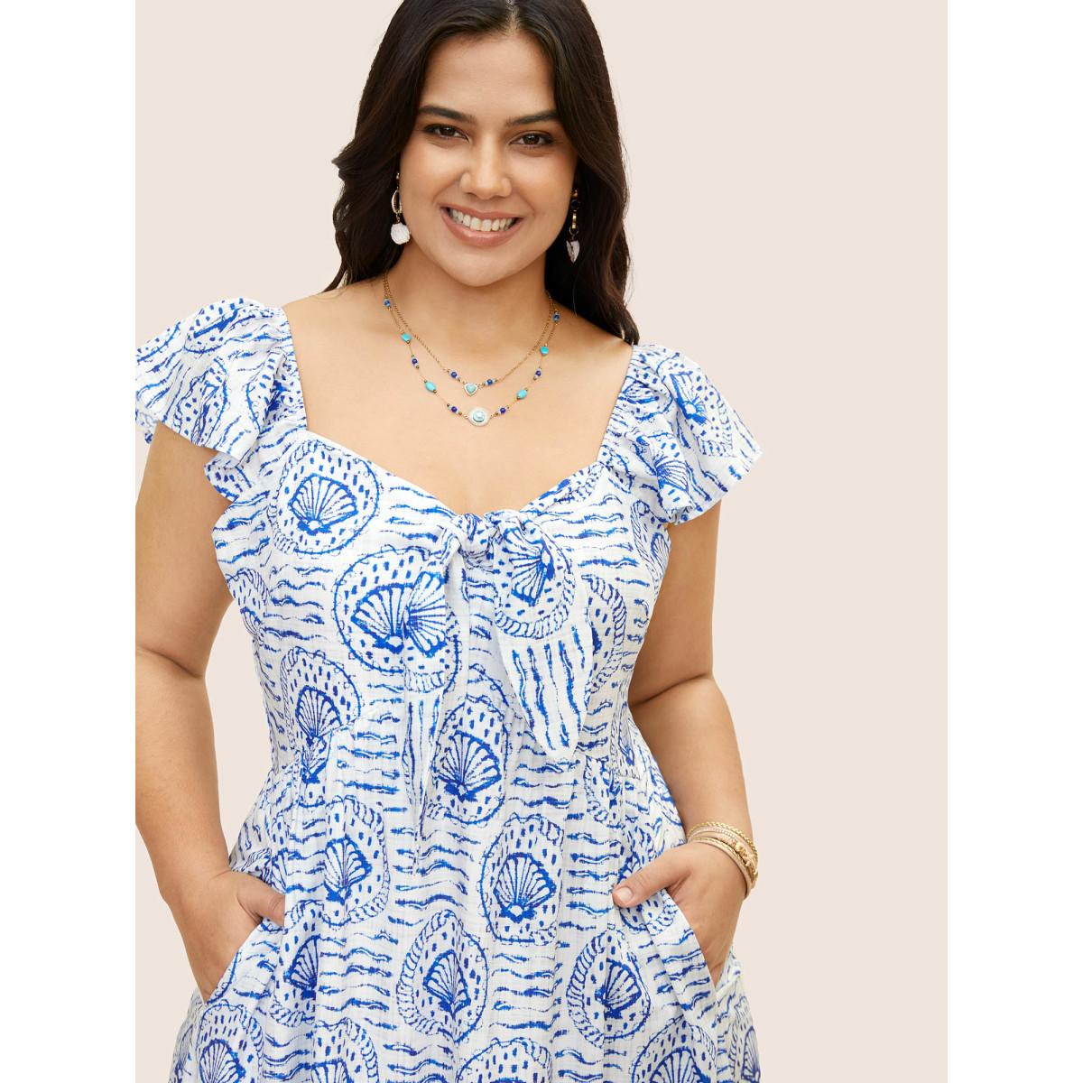 Plus Size Marine Elements Ruffles Tie Knot Maxi Dress LightBlue Women Resort Tie knot Heart neckline Cap Sleeve Curvy BloomChic 28/5X Product Image