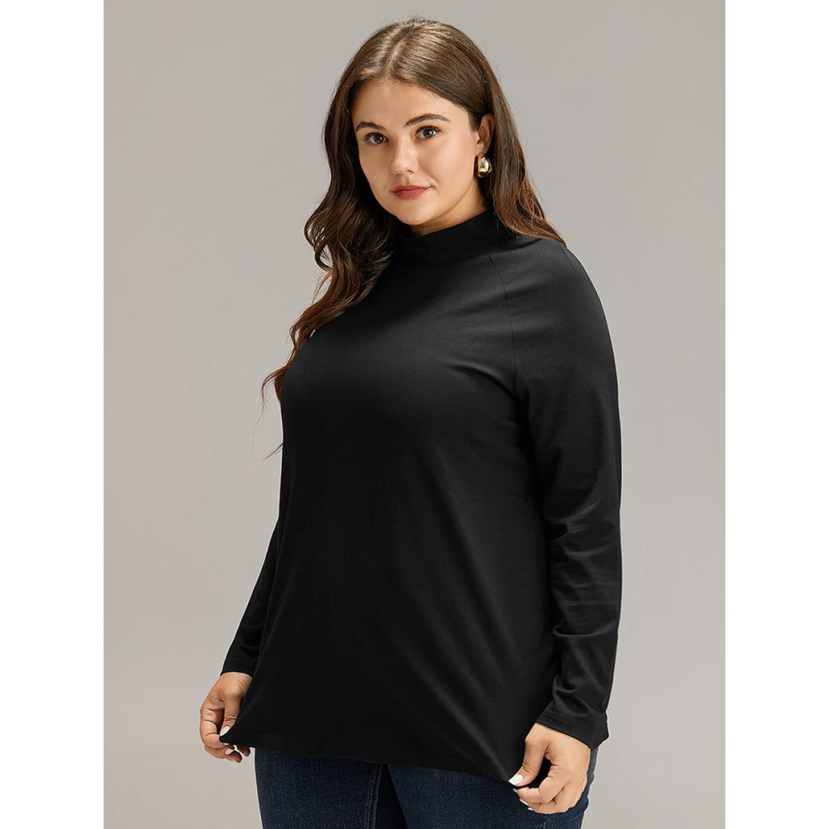 Plus Size Cotton Mock Neck Raglan Sleeve T-shirt Black Women Elegant Plain Plain Mock Neck Dailywear T-shirts BloomChic 10/M Product Image
