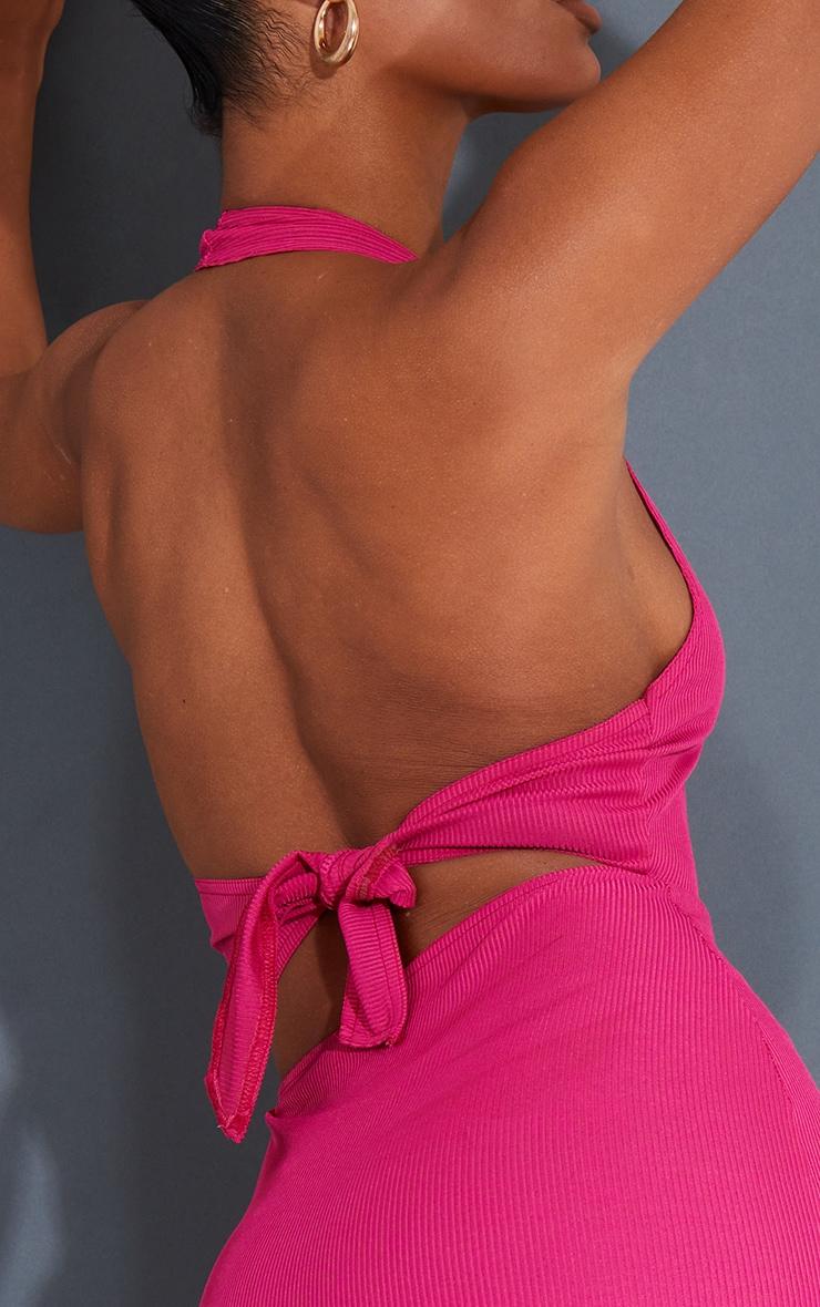 Hot Pink Ribbed Halterneck Tie Back Bodycon Dress Product Image