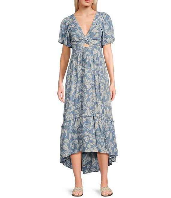 Angie Tropical Print V-Neck Short Sleeves Knot Front Keyhole High-Low Midi Dress Product Image