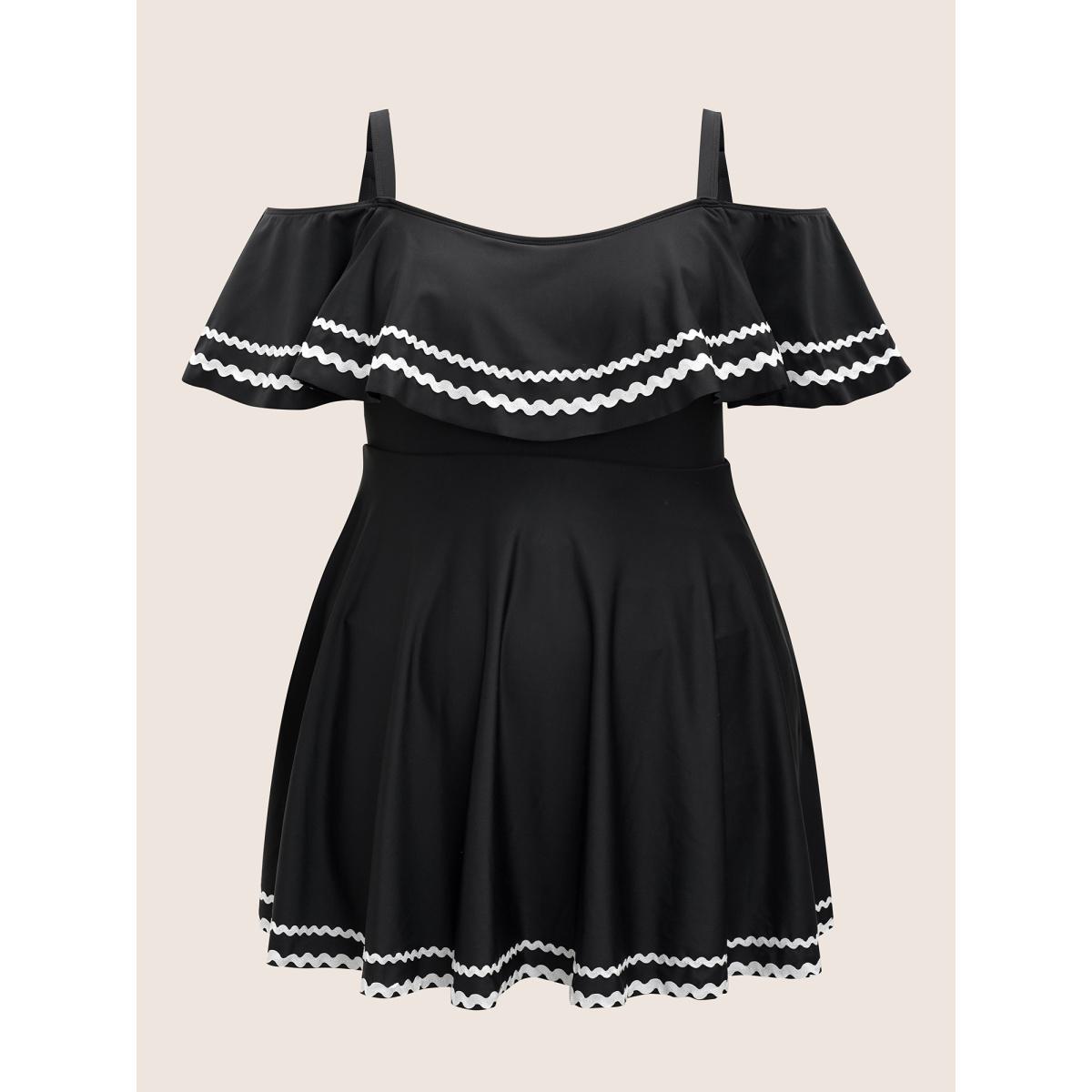 Plus Size One Shoulder Neck Woven Ribbon Swim Dress Women's Swimwear Black Beach Bodycon One-shoulder neck High stretch Curve Swim Dresses BloomChic 18-20/2X Product Image