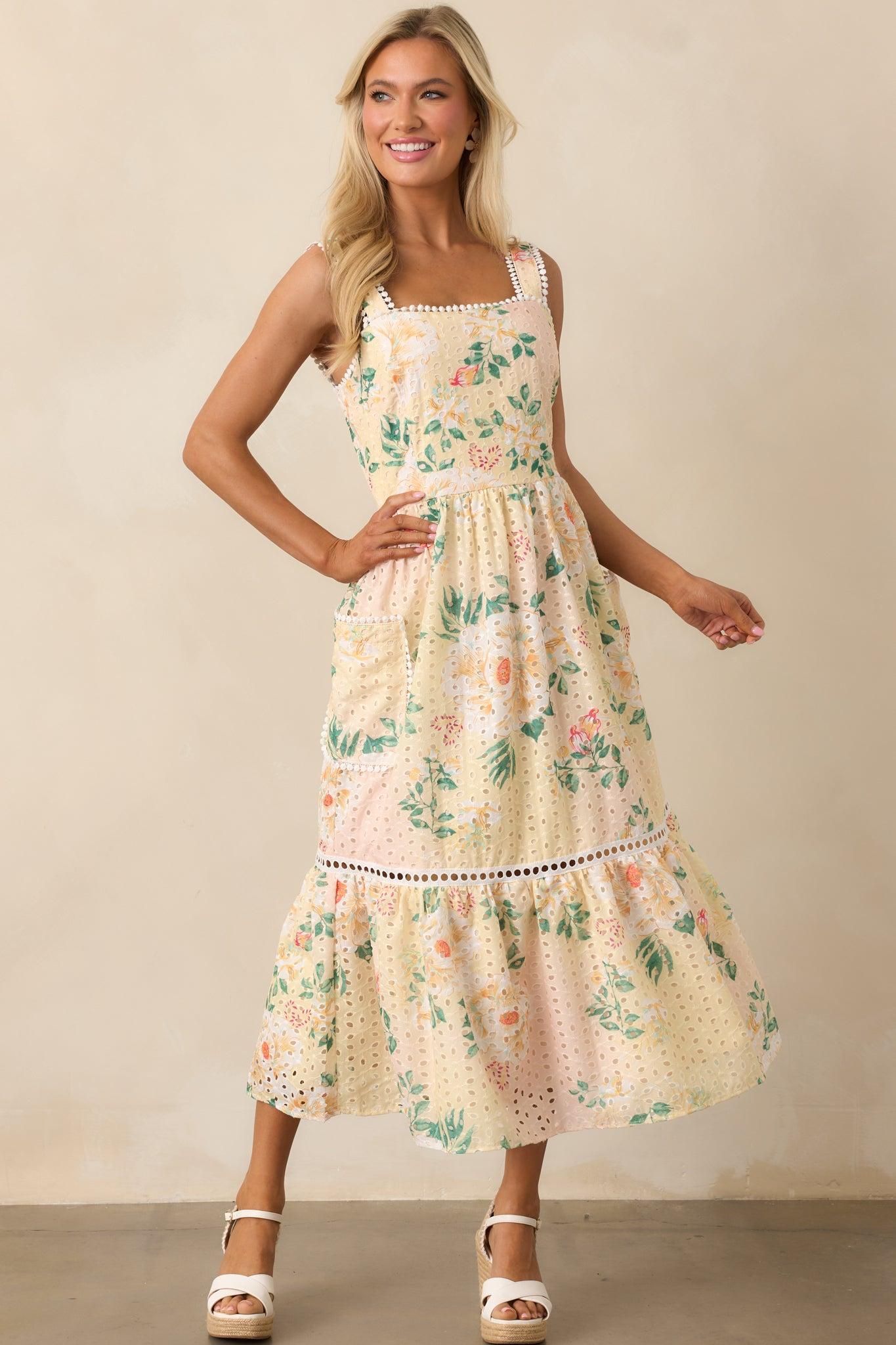 Champagne Toast Yellow Floral Embroidered Midi Dress Product Image