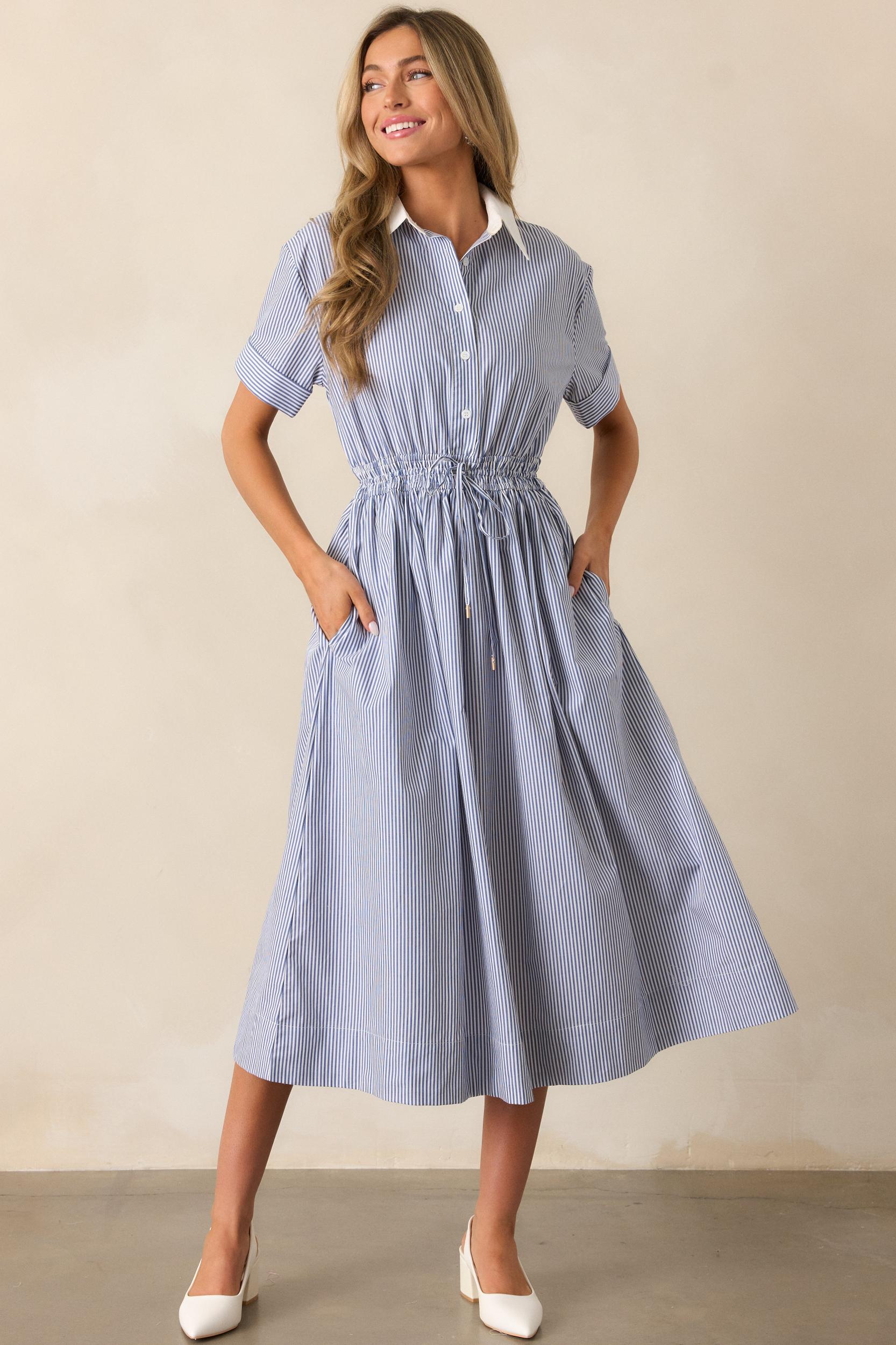 Making My Way Home Cotton Blue Stripe Short Sleeve Maxi Dress Product Image