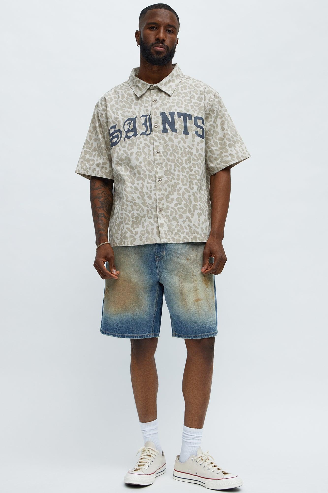 Relaxed Fit Leopard Saints Button Up Shirt - Tan/Multi Male Product Image